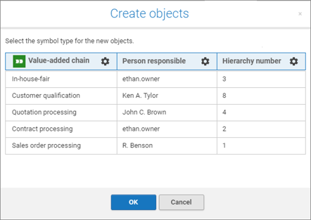 Create objects dialog
